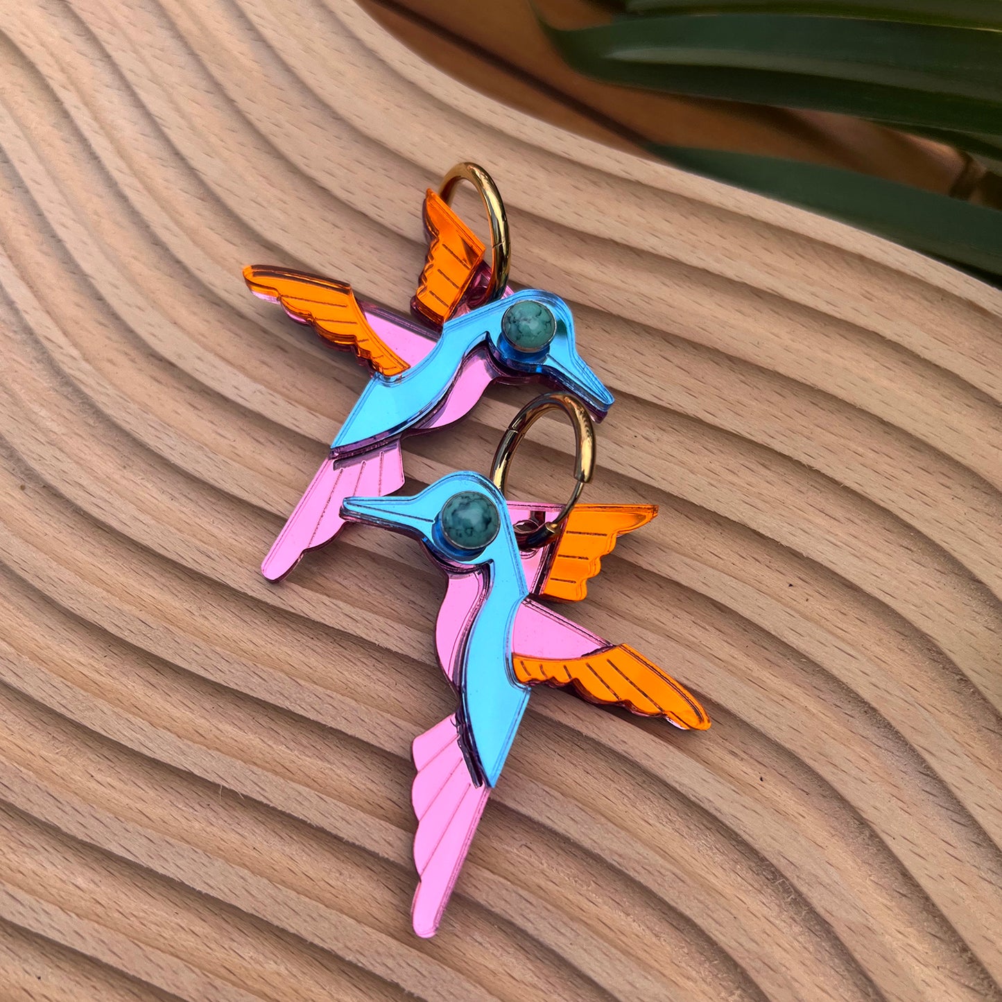 Glam Hummingbird Hoop Earrings Orange + Lt Blue + Hot Pink