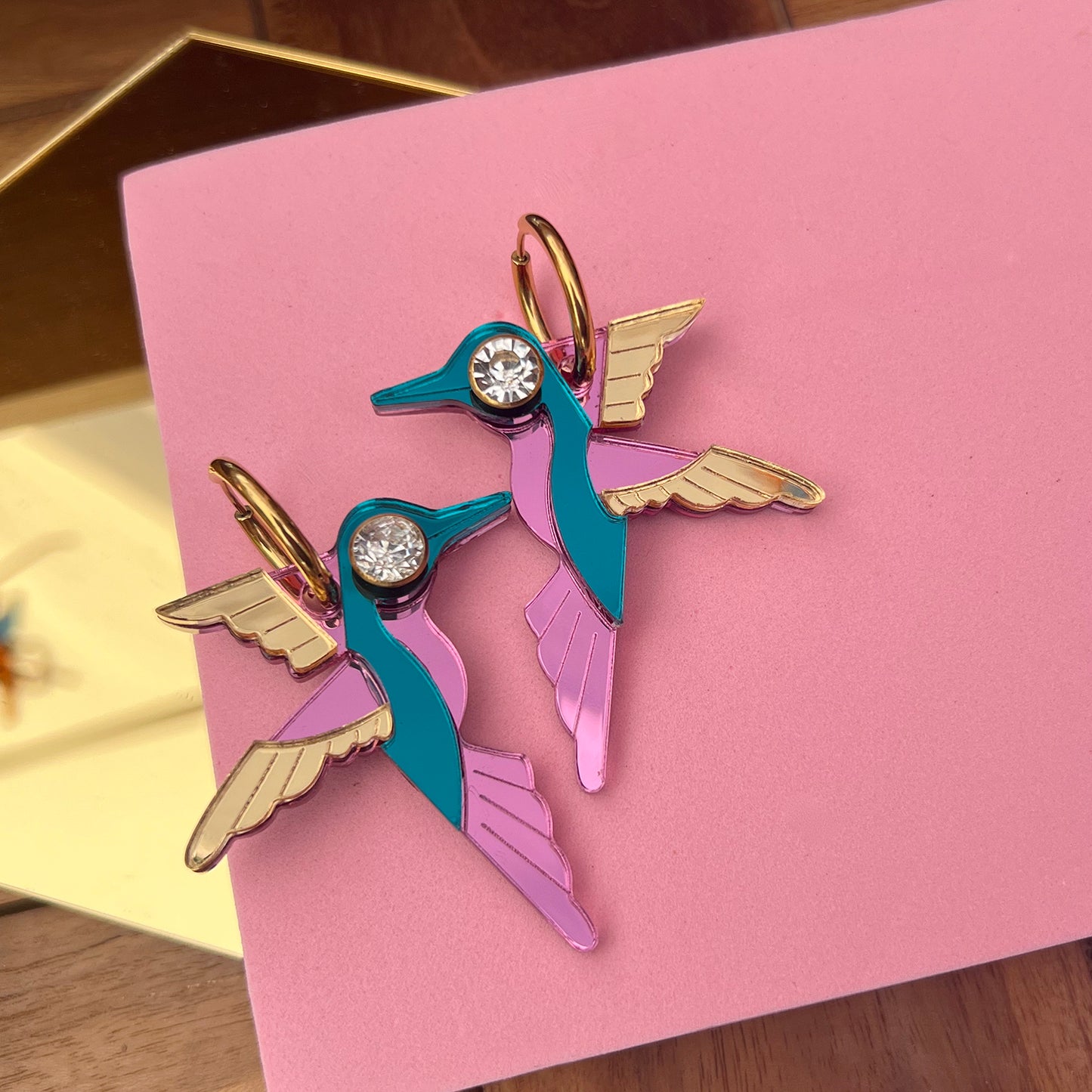 Hummingbird Hoop Earrings Turquoise + Hot Pink+ Gold