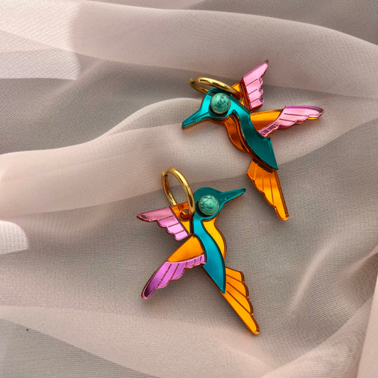 Glam Hummingbird Hoop Earrings Orange + Turquoise + Hot Pink