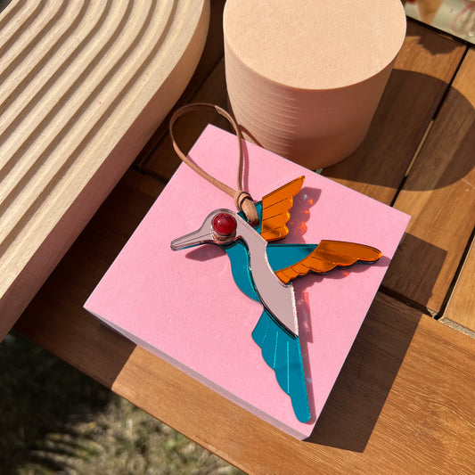 Turquoise + Orange + Rose Gold Hummingbird Wall Art + Ornament